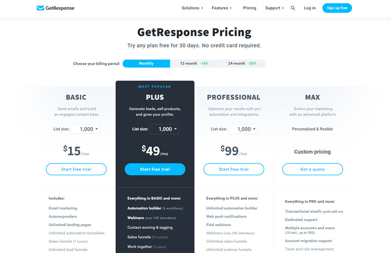 GetResponse Plans and Pricing